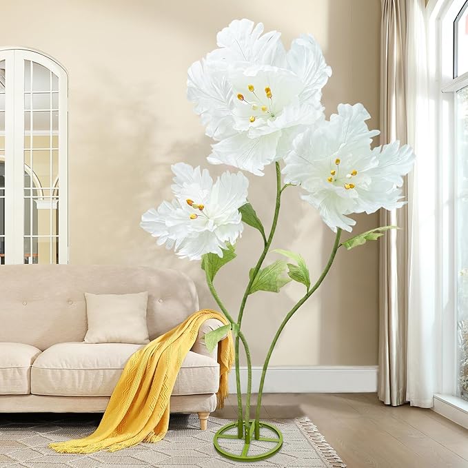 3 Pack Large Giant Artificial Flowers, 3D Realistic Huge Fake Flower Decorations for Wedding Birthday Party, Adjustable Height No Fade Big Faux Floral for Garden Hotel Office Backdrop (White)