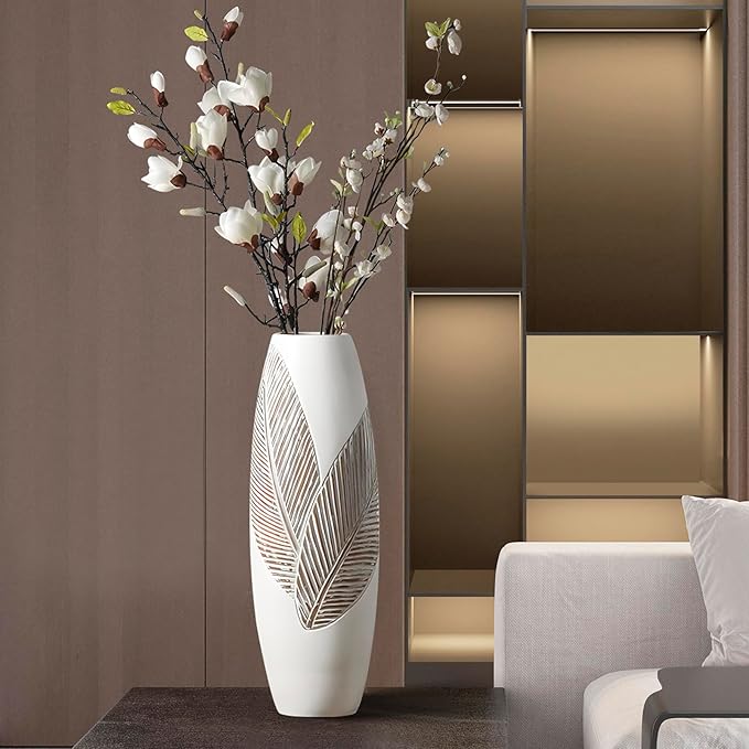 Modern Large Floor Vase White Home Decor Flower Vases 17.7 Inch Tall Resin Vase Tree Leaf Texture Decor Vases for Entryway Living Room Mantel