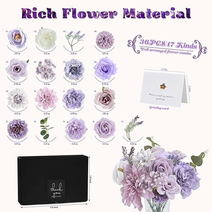 Artificial Flowers Combo Box, Fake Silk Foam Flower Mix with Wire Stem, DIY Wedding Bridal Bouquet Shower Party Home Décor (30-40 Pieces) (Purple)