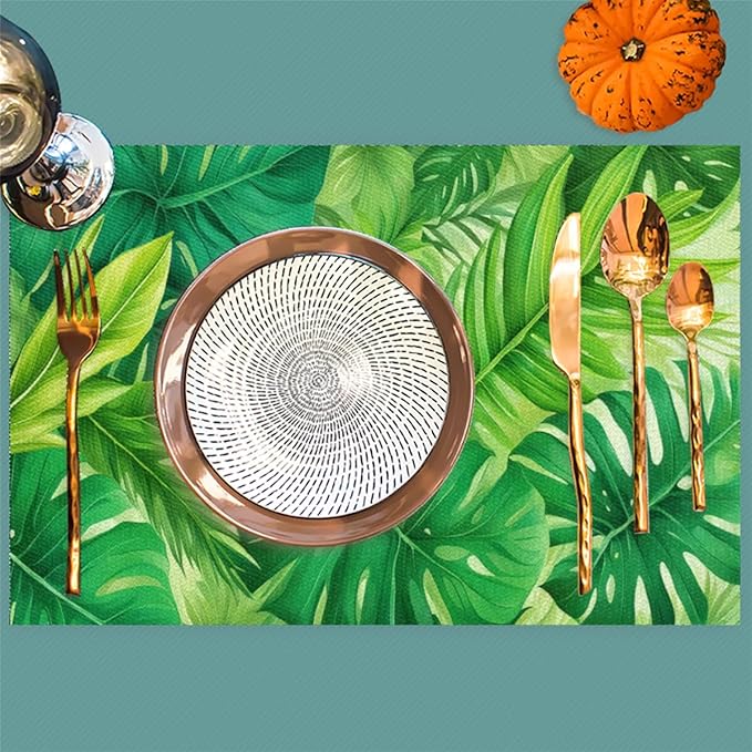 Green Summer Palm Leaf Placemats Set of 1 PVC Vinyl Non Slip Table Mats Waterproof Heat Resistant Place Mats Washable Wipeable Dining Table Mat for Kitchen Party Indoor Outdoor Decorative