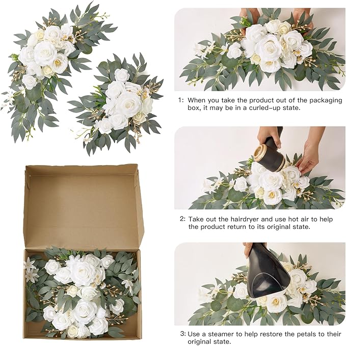 Wedding Arch Flowers, 2 Pack Floral Swag for Wedding Welcome Sign Decorations, Artificial White Roses Greenery Garland for Ceremony and Reception Backdrop Decor