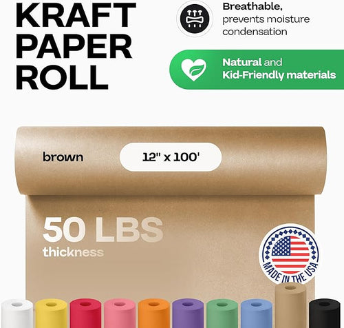 12" x 1200" (100 feet) Brown Kraft Paper Roll - USA-Made Quality Craft Paper for Gift Wrapping, Kids' Arts & Crafts, School Projects - 100% Recycled Natural Material 50lb Thickness by IDL Packaging
