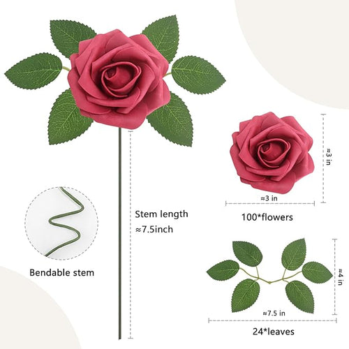 100PCS Burgundy Artificial Flowers Roses Real Looking Foam Fake Roses with Leaves for DIY Wedding Bouquets Bridal Shower Centerpieces Party Decorations (Burgundy, 100)