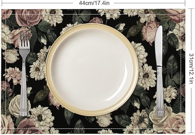 Floral Placemats Set of 6, 17x12 Inch Vintage White Pink Rose Flower Spring Plant Boho Art Print Table Mats for Home Party Kitchen Dining Decor