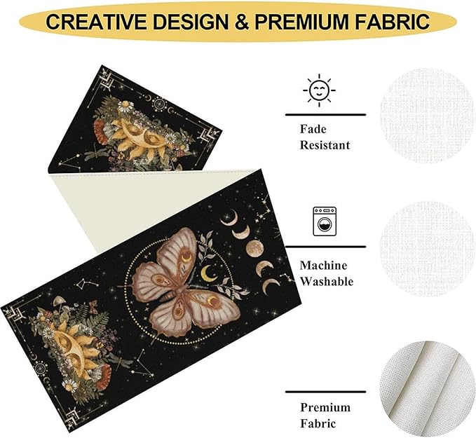 Gothic Moth Table Runner, Boho Gothic Sun Moon Phase Wildflower Mystical Witchy Farmhouse Coffee Table Center Decor for Home Kitchen Dining Patio Holiday Party Table Decorations 13x72 inches