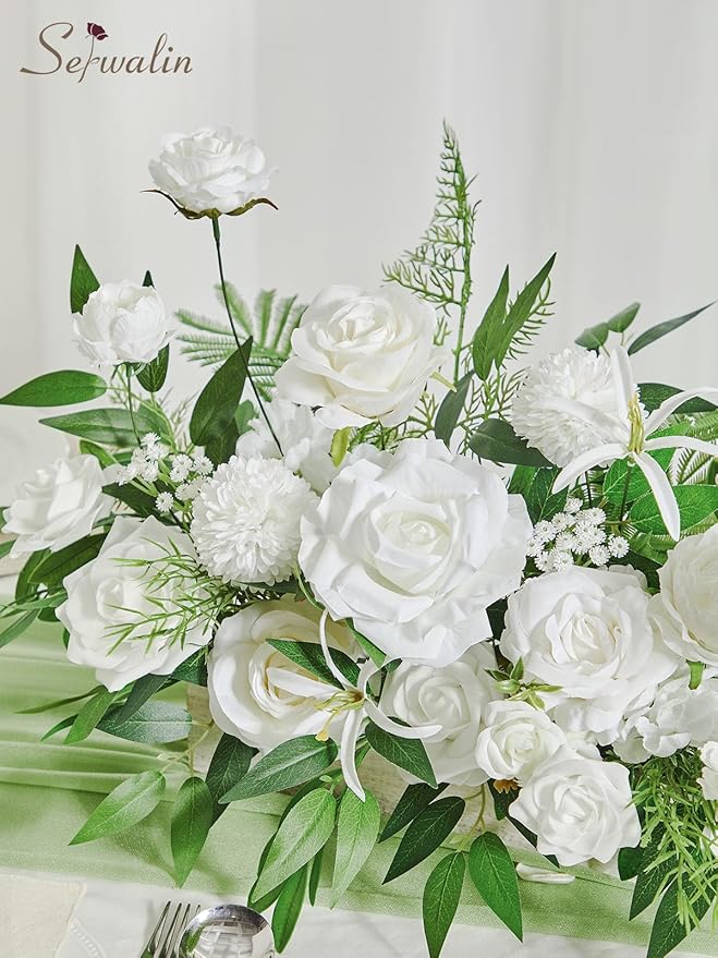 Serwalin White Flowers Artificial, Fake Roses Flowers for Wedding Cake Decoration, Silk Flowers for Wedding Bouquets Baby Shower Centerpieces Floral Arrangements Party Decor