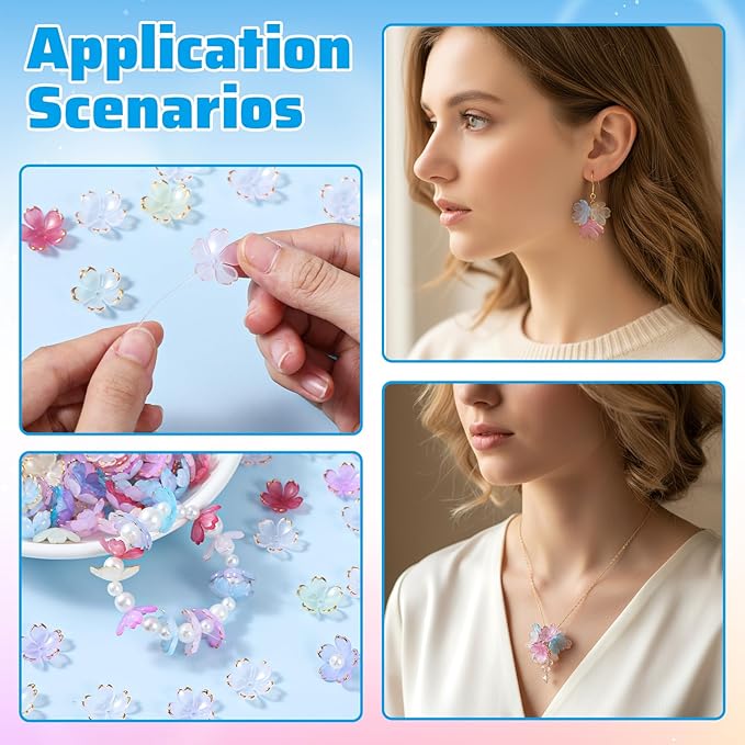Xindojuz 100 PCS Flower Beads for Jewelry Making, Colorful Cherry Blossom Beads Gold-Plated Mini Acrylic Spacer Bead 5-Petal Floral Charms for Necklaces Bracelets Earring Keychains (Mixcolors)