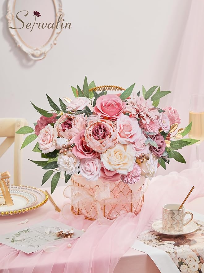 Serwalin Pink Artificial Flowers Peonies, Fake Silk Flowers Wedding Bouquet Bridal Centerpieces Flowers for Decoration, Cake Flower Home Decor