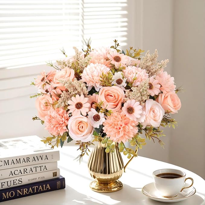 Dremisland Artificial Flowers Like Real Artificial Bouquet 4 Packs Silk Artificial Roses Bouquet with Daisy Chrysanthemum Champagne Flowers for Centerpiece Table Wedding Party Home Decor