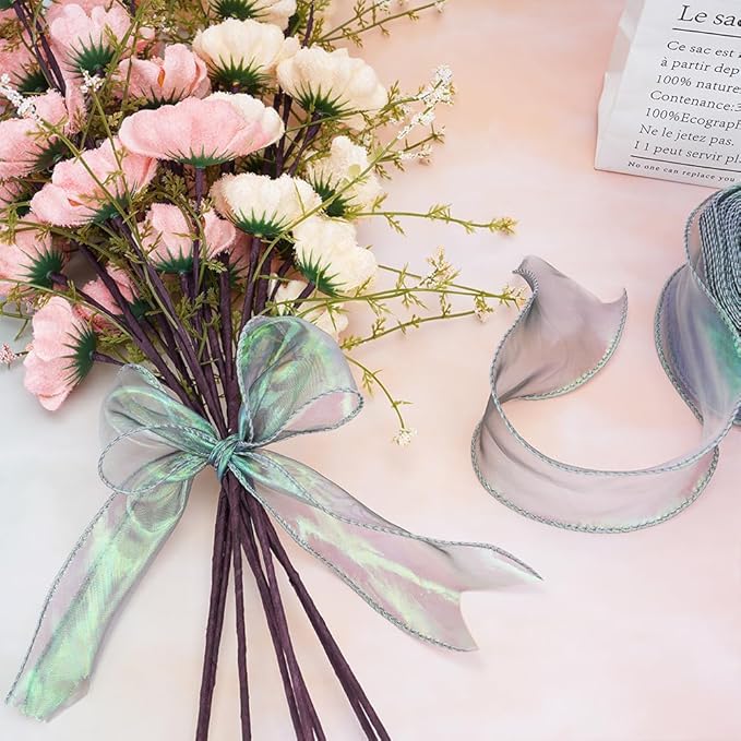 Iridescent Green Sheer Chiffon Ribbon – 2.4" Wide x 40 Yards – Perfect for Christmas Gift Wrapping, Floral Bouquets, Wedding Decor & DIY Crafts