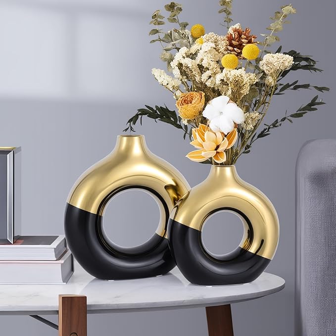 Black and Gold Vase Decor Donut Vase Set of 2 - Circle Hollow Vases, Modern Matte Ceramic Vases for Entryway Living Room Bedroom Dining Table Centerpiece Office Home Decor