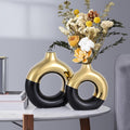 Black and Gold Vase Decor Donut Vase Set of 2 - Circle Hollow Vases, Modern Matte Ceramic Vases for Entryway Living Room Bedroom Dining Table Centerpiece Office Home Decor