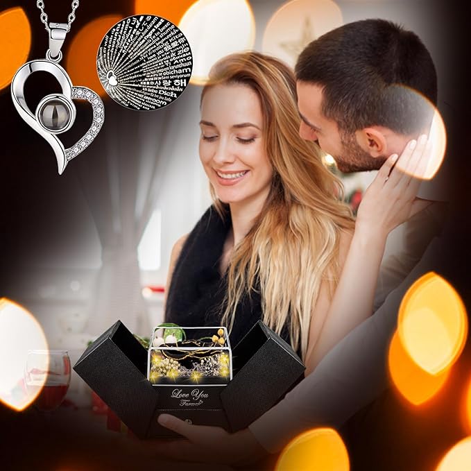 Preserved Black Real Rose-Eternal Flowers Rose Gifts for Mom Grandma Wife Girlfriend on Mothers Day Birthday Valentines Christmas Anniversary Romantic Gifts for Her with I Love You Necklace