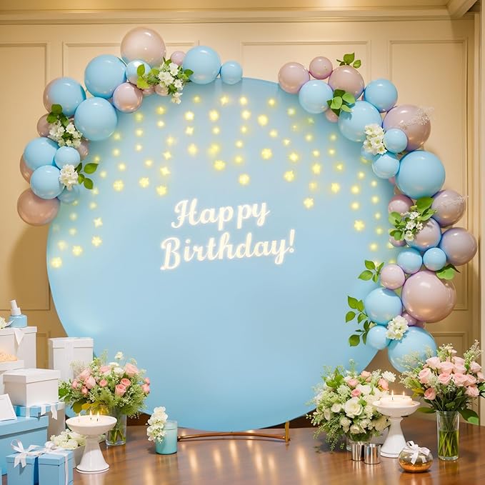 7.2 FT Baby Blue Round Backdrop Cover with Lights String for Circle Arch Stand, Circle Backdrop Covers with LED Fairy Lights for Wedding Baby Shower Boy Birthday Party Photo Shoot Background