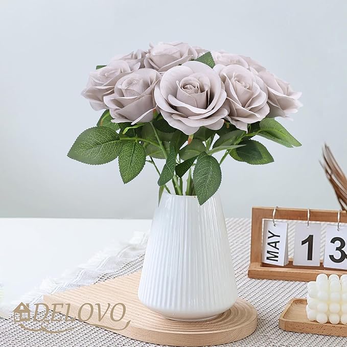 52pcs Grey Roses Artificial Flowers Fake Flowers Silk Roses with Stems for DIY Wedding Bouquets Bridal Shower Centerpieces Arrangements Party Decorations