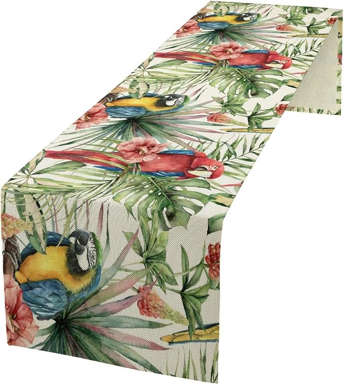 Parrot Table Runner,Tropical Palm Leaf Colorful Macaw Bird Watercolor Print Tablecloth Burlap for Hotel Indoors Outdoor Dining Room Kitchen Home Decor,W13X L80 in