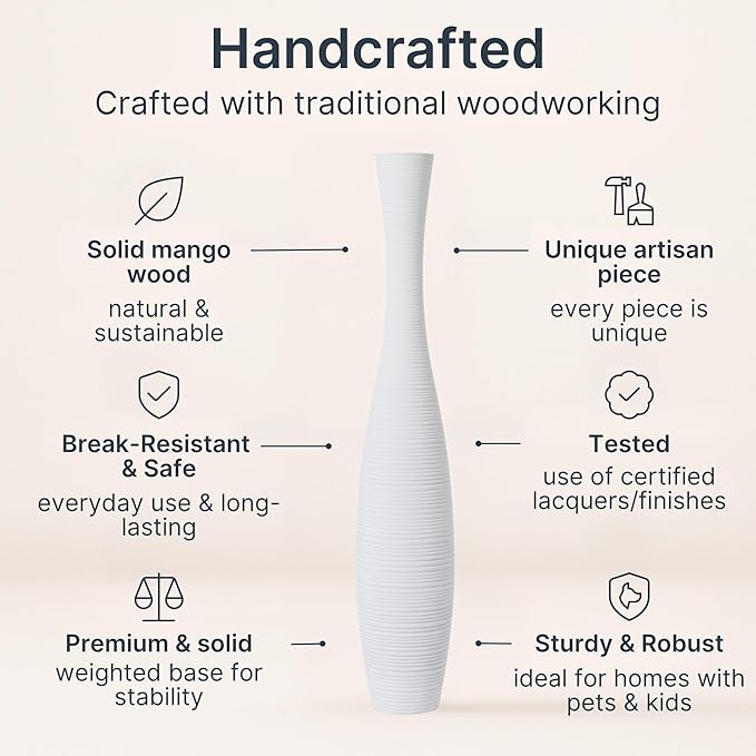 Leewadee Large White Home Decor Floor Vase - Wooden 26 inch Tall Farmhouse Decor Flower Holder for Fake Plant and Pampas Grass