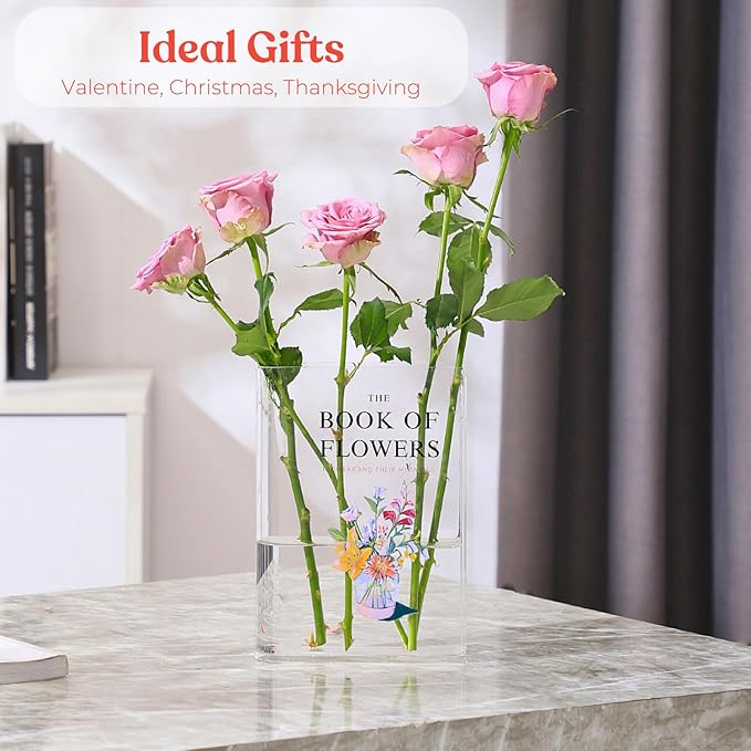 Book Vase for Flowers, Clear Acrylic Book Vases, Book Flower Vase, The Book About Flowers, Modern Decorative Vases for Home, Bedroom, Living Room, Dining Table