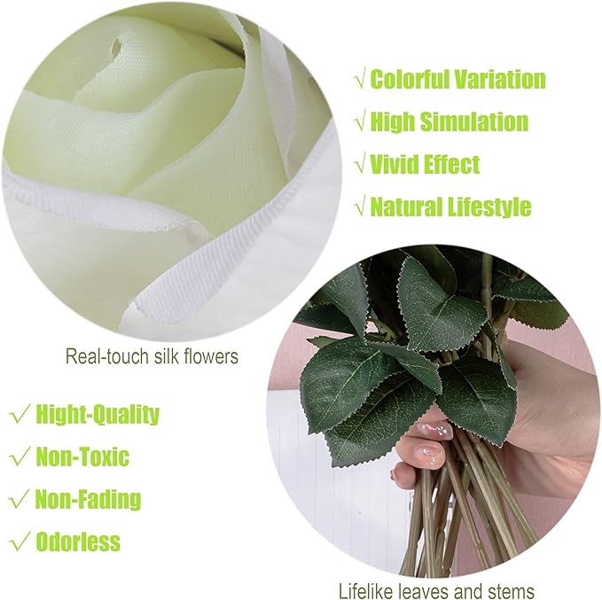 12pcs Half Opened Artificial Rose Buds,17 Inch Real Touch Silk Roses with Partially Opened Flowers, Artificial Flower for Home Décor Centerpiece Wedding Bouquet,White