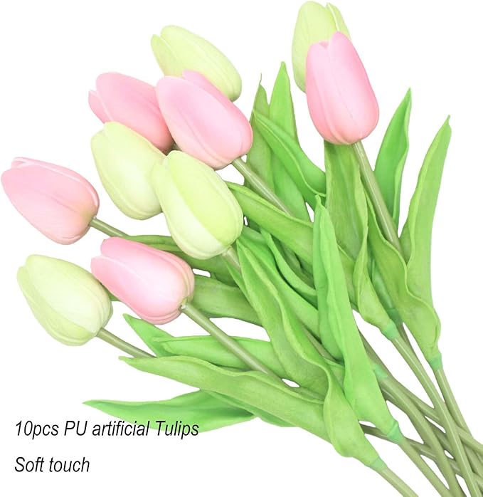 Artificial Flowers 10 Heads Mini Real Touch Artificial Tulip for Home Wedding Party Centerpiece Decoration (Green&Pink)