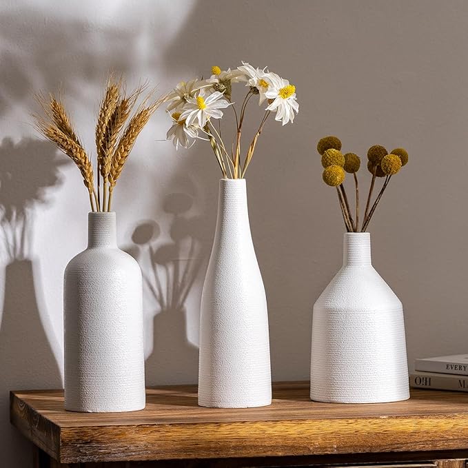 Vintage White Ceramic Vase 7 Inch Farmhouse Small Vase for Home Decor, Living Room, Shelf, Office, Rustic Table Centerpiece