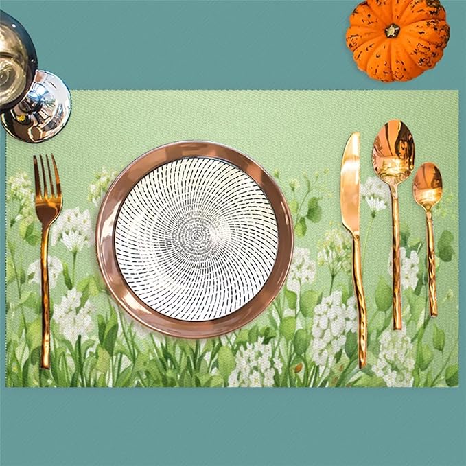 PVC Placemats Set of 6 Sage Green Flower Wipeable Table Mats Washable Heat Resistant Non Slip Vinyl Dining Table Mat for Kithen Indoor Outdoor Patio Farmhouse Place Mats Decorative