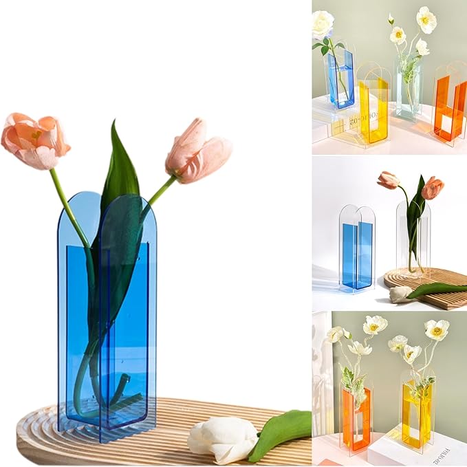 Acrylic Vase for Home Decor, Full-Transparent Youth Blue Arch Vase, Modern Centerpiece Acrylic Flower Vase for Dining Table or Wedding Decorations, Minimalist Living Room Décor (Blue)