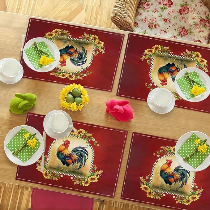 Rooster Sunflower Placemats Set of 6, Farmhouse Country Farm Chicken Animal Red Double-Sided Table Mats for Kitchen Dining Room Home Party Indoor Decor 6 PCS 12x18 Inch