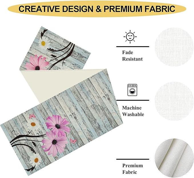Farmhouse Table Runner, Abstract Daisy Flower Rustic Old Wood Farmhouse Print Table Runner for Home Indoor Outdoor Party Wedding Decor 13x108 inch