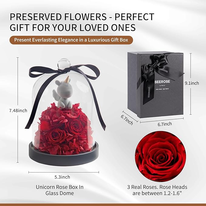 SEEROSE Preserved Rose with Unicorn in Glass Dome, Eternal Real Rose Romantic Gift for Her, Women, Mom, Wife, Girlfriend, Valentine’s Day, Mother’s Day, Christmas, Birthday (Lucky Unicorn, Red)