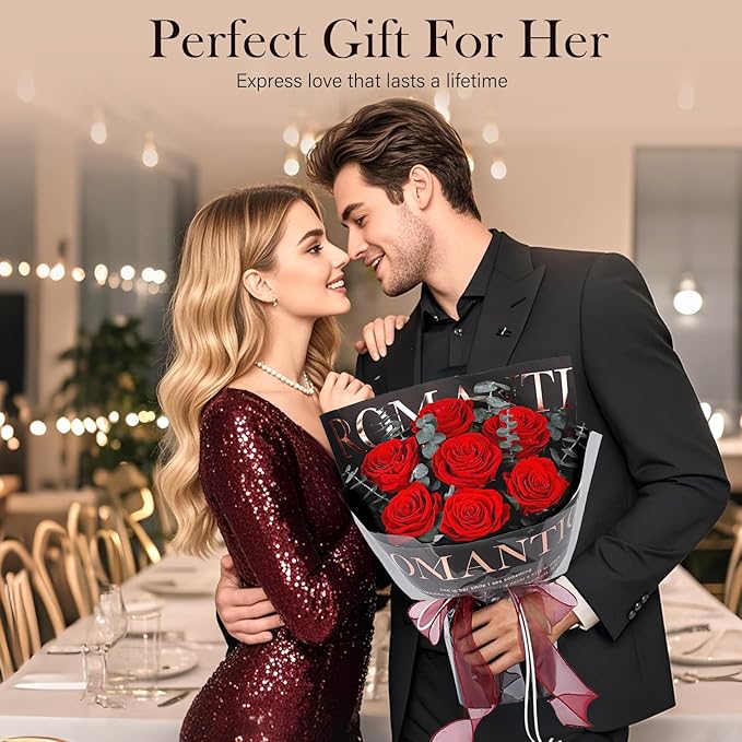 Preserved Flowers Bouquet 7 Roses - Red Real Rose & Flowers for Delivery, Long-Lasting Flower with Gift Box, Eternal Roses Bouquet for Mothers, Mom, Wife, Anniversary Birthday Gifts for Women, Black