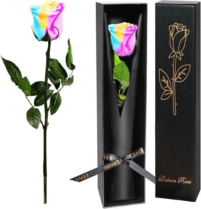 Single Forever Roses in a Box,Preserved Flowers for Delivery,Preserved Rose Gifts for Women,Real Roses Gifts for Her,Mom Birthday Mothers Day Valentines Flowers,Rainbow