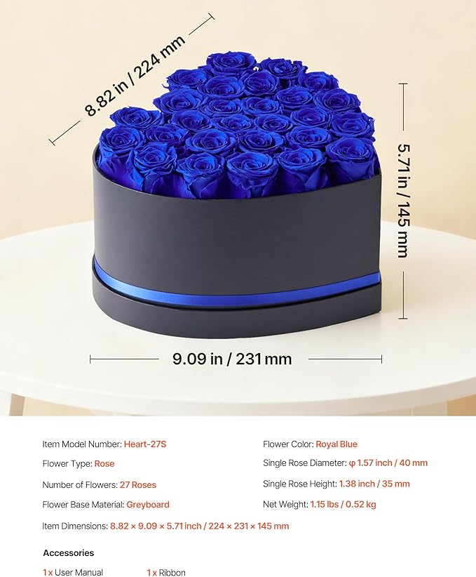 VEVOR Forever Flowers, 27 Preserved Roses in a Heart Shape Box, Eternal Flowers Immortal Bouquet Birthday Present for Women Her Wife Mothers, Anniversary, Valentine's Day,Christmas, Royal Blue