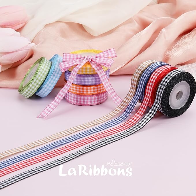 LaRibbons 10 Color 100 Yards Gingham Ribbon Variety Pack, 3/8" X 10 Yards/Roll Assorted Spring Easter Plaid Ribbon for Crafts, Gift Wrapping, Hair Bows, Birthday, Babyshower Decoration