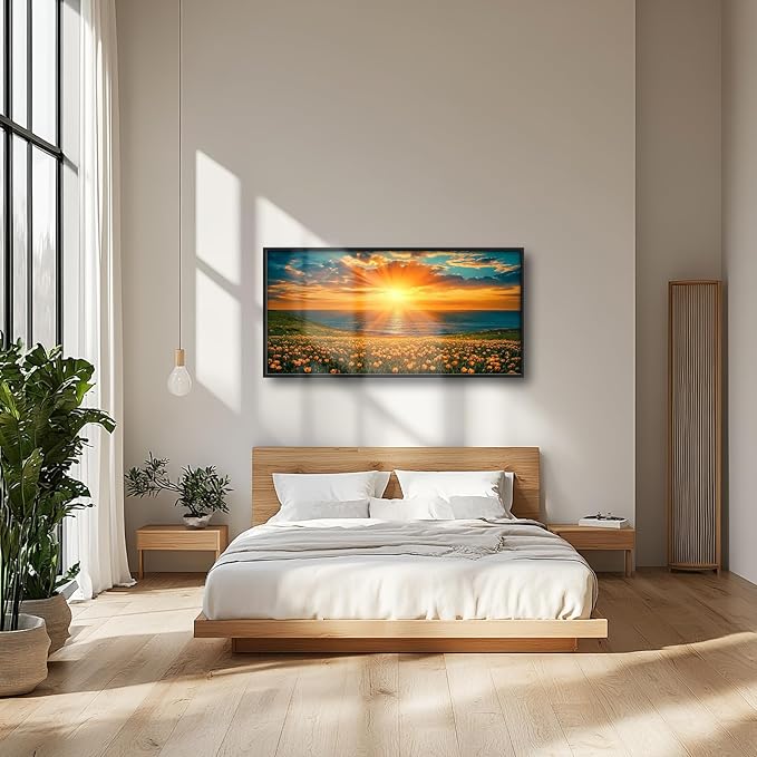Tulip Flowers Large Wall Art Coastal Floral Landscape Pictures Wall Decor Ocean Canvas Prints Painting Framed Artwork Home Decorations above Bed for Bedroom Living Room Kitchen Dining Room 60"x30"