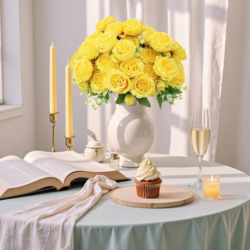16 Pack Yellow Peonies Artificial Flowers, Fake Silk Hydrangea Bouquet for Bridal Wedding Home Table Decor Reusable Dining Opening Ceremony Birthday Arrangement Faux Floral