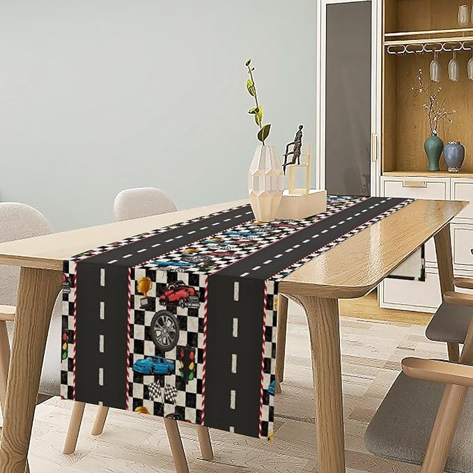 Race Car Table Runner,Checkered Flag Black and White Race Cars Pattern Print Tablecloth Burlap for Hotel Indoors Outdoor Dining Room Kitchen Home Decor,W13X L108 in