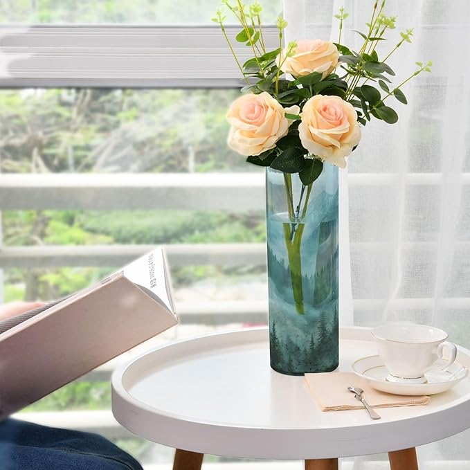 Flower Vase Clear Plastic Cylinder Vases Decor for Centerpieces Home Storage Office Weddings Foggy Green Mountains and Pine Trees 11.8 x 3.9 in