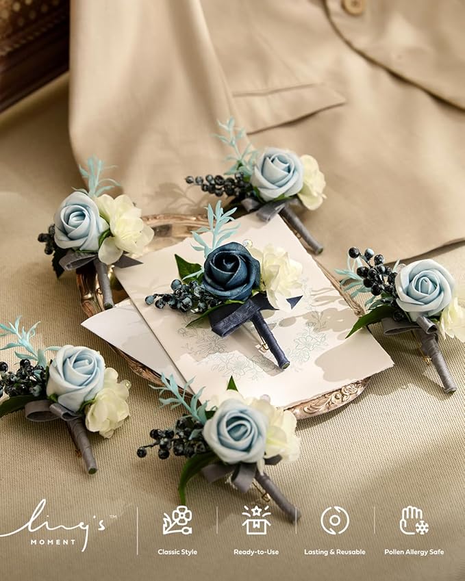 Ling's moment Boutonniere for Men, 6pcs Groom Groomsmen Boutonniere, Artificial Flowers for Wedding Decor/Prom/Homecoming, etc.Dusty Blue Light Blue