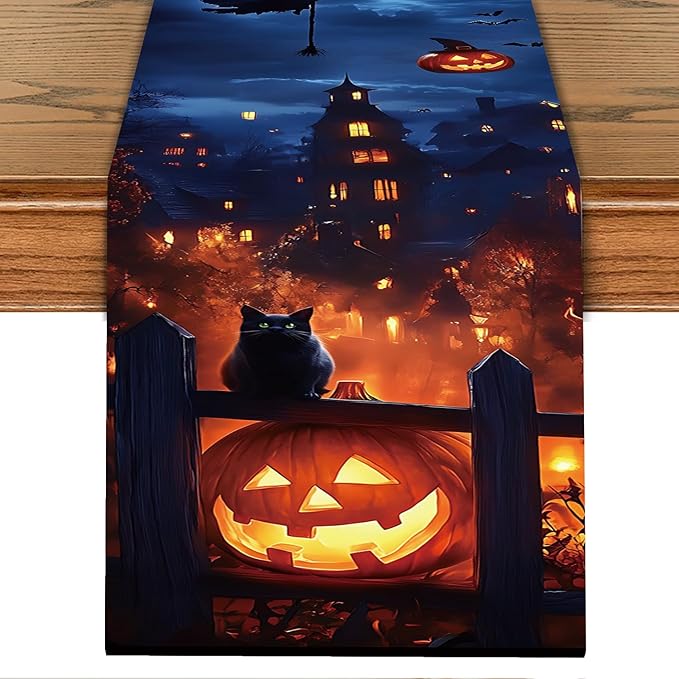 Halloween Witch & Full Moon Table Runner – 13x72 Inch Spooky Halloween Decor with Witch Silhouette and Moon Design, Durable Linen-Look Fabric for Dining Tables & Parties