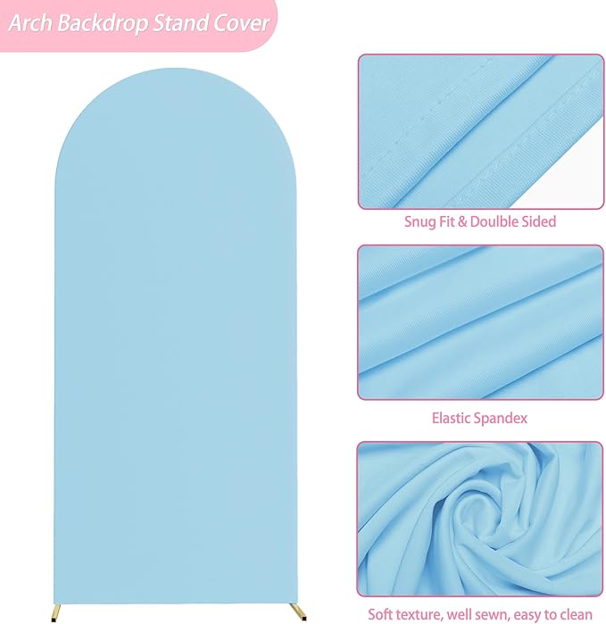 Putros 6ft Metal Arch Stand with Cover Dusty Blue Spandex Fitted Wedding Arch Cover and Round Top Chiara Backdrop Stand Set for Birthday Party Baby Shower Decoration