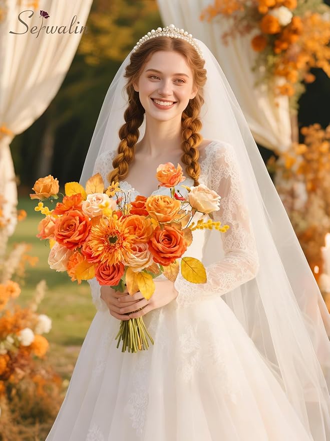 Serwalin Artificial Fall Flowers, Orange Silk Fake Flowers with Stems, Autumn Sunflower Faux Flowers for Wedding Bridal Baby Shower Party DIY Craft Home Cake Decoration