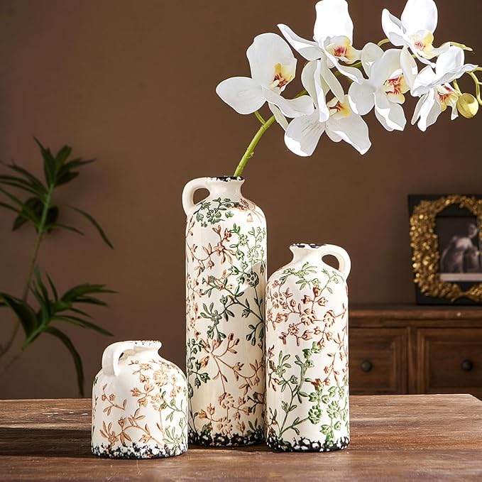 Ceramic Vase Set of 3, Vintage Green and Beige Vase, Chinoiserie Floral Vases, Rustic Farmhouse Ceramic Vases for Home Decor, Living Room, Kitchen Island, Bookshelf, Grand Millennial Decor