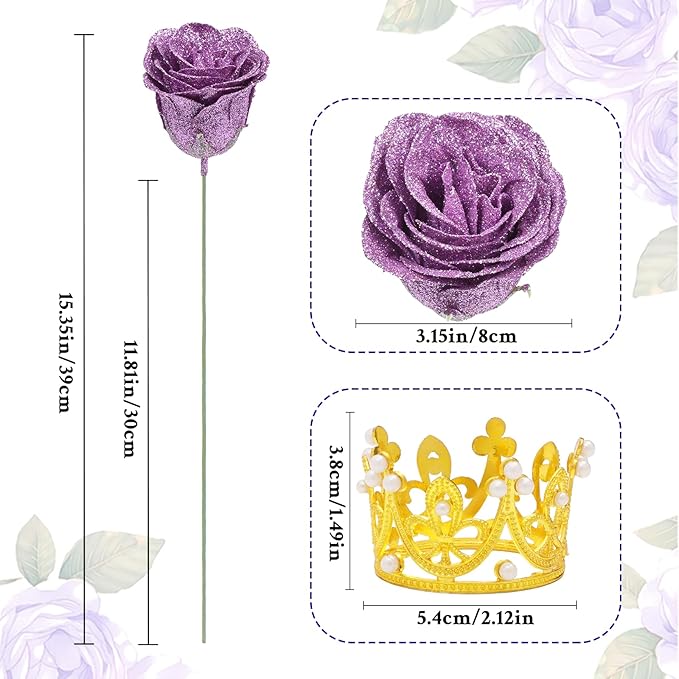 Waipfaru Glitter Roses Bouquet, DIY Lilac Fake Flowers Bouquet, Birthday Gifts for Women Mom, 24 Pcs Rose for Grandma Wife Girlfriend Valentines, Mothers Day, Anniversary, Graduation