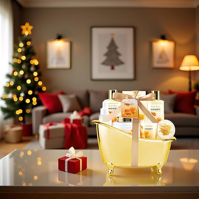 Christmas Gifts for Women Bath & Body Gift Set, Luxury Home Spa Bath Gift Basket, Honey Almond Scented Bath Set, Pamper Gifts Birthday gifts & Teens, Spa Kit Gift, Home Spa Gifts for Men Dad