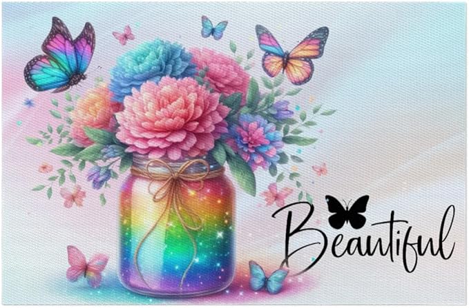 PVC Placemats Set of 6 Rainbow Flower Butterfly Wipeable Table Mats Washable Heat Resistant Non Slip Vinyl Dining Table Mat for Kithen Indoor Outdoor Patio Farmhouse Place Mats Decorative