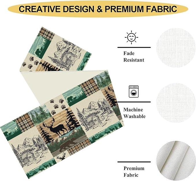 Rustic Cabin Table Runner, Farmhouse Deer Bear Retro Pine Forest Wooden Plank Wild Animal Seasonal Coffee Table Center Decor for Home Kitchen Dining Patio Holiday Party Table Decorations 13x72 inches