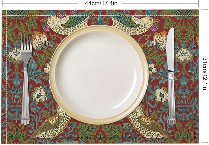 William Morris Floral Placemats Set of 4, Vintage Flower Strawberry Birds Red Place Mats, Heat Resistant Non Slip Cotton Linen Dining Table Mats for Home Kitchen Party 18x12 Inch