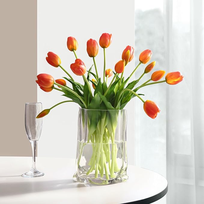Artificial Flowers 20pcs Fake Tulips Real Touch, Faux Latex Tulips Flowers with Gift Box Soft Faux Tulips Bouquets Arrangements for Party Wedding Home Room Decoration(Orange)