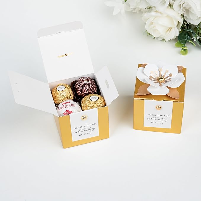 FEIYI 20 PCS Candy Boxes, 3 In 1 Gold Favor Boxes with Floral Decor, White Thank You Tags Gift wrapping for Wedding Birthday Baby Shower Decorations Party -2.55x2.55x2.55''